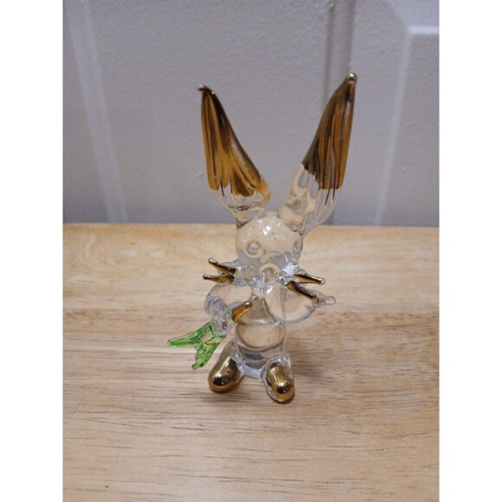 Hand‎ Blown Glass Bunny Rabbit Carrot Figurine Gold Accent Miniature AnimalDecor
